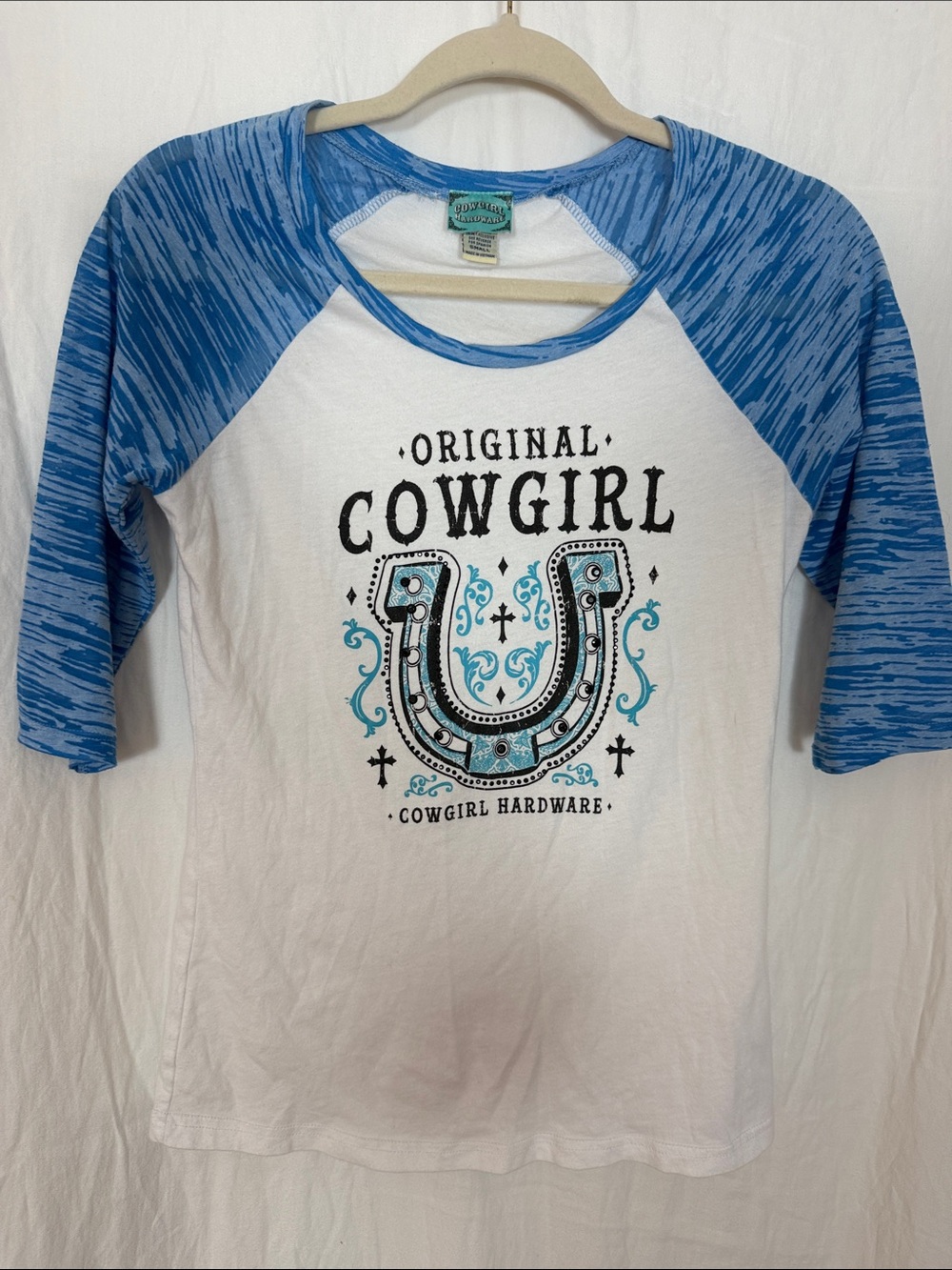 Original Cowgirl Raglan Tee in White and Blue